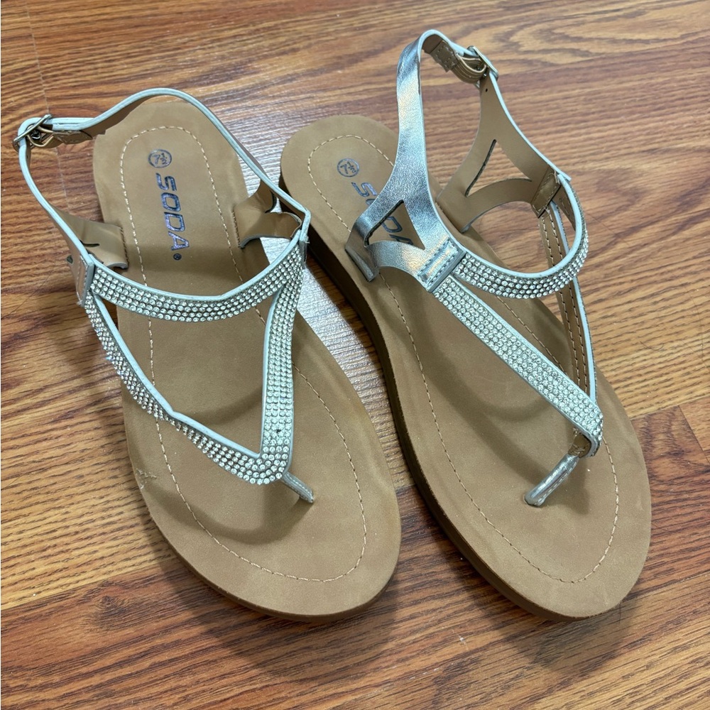 Soda Silver Tan Sandals T-Strap Adjustable Buckle